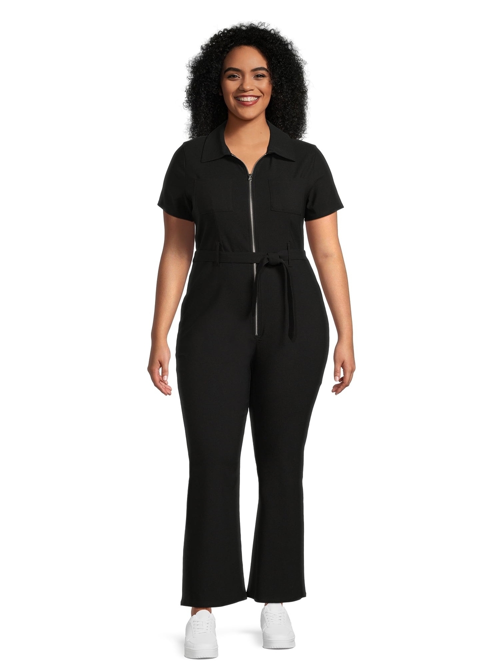 No Boundaries Black Short-Sleeve Zip-Front Jumpsuit with Tie Waist